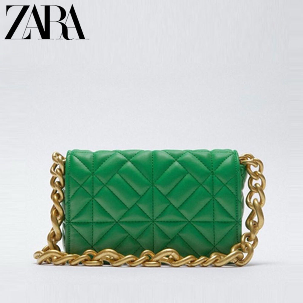 Zara Kelly Green Quilted Faux Leather Gold Chain Shoulder Bag